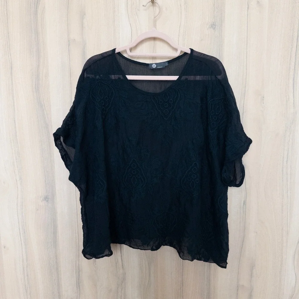 Womens Sheer Embroidered Blouse L Black Floral Italy Layer Witchy Boho Boxy Goth